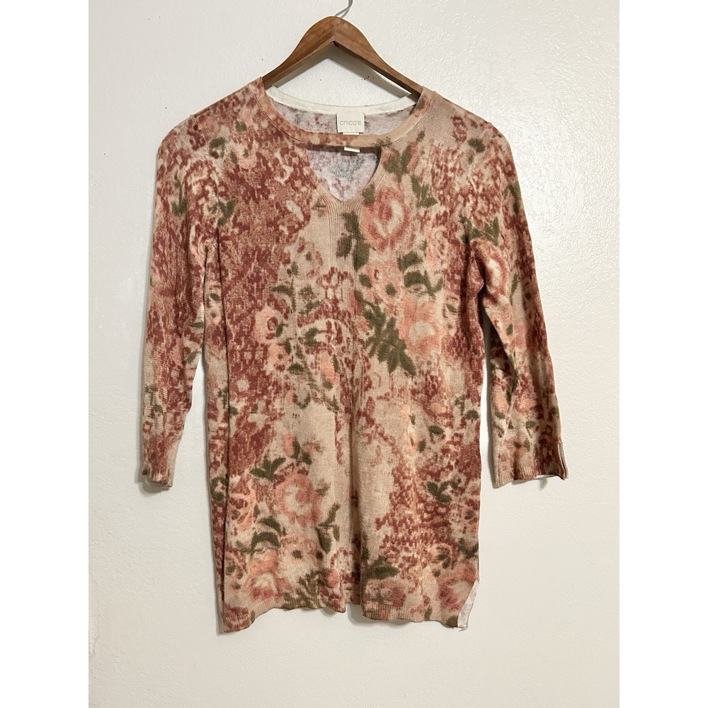 Chicos Fall Floral 3/4 Sleeve Sweater Coral Beige Cotton Rayon Knit Top 0 Small